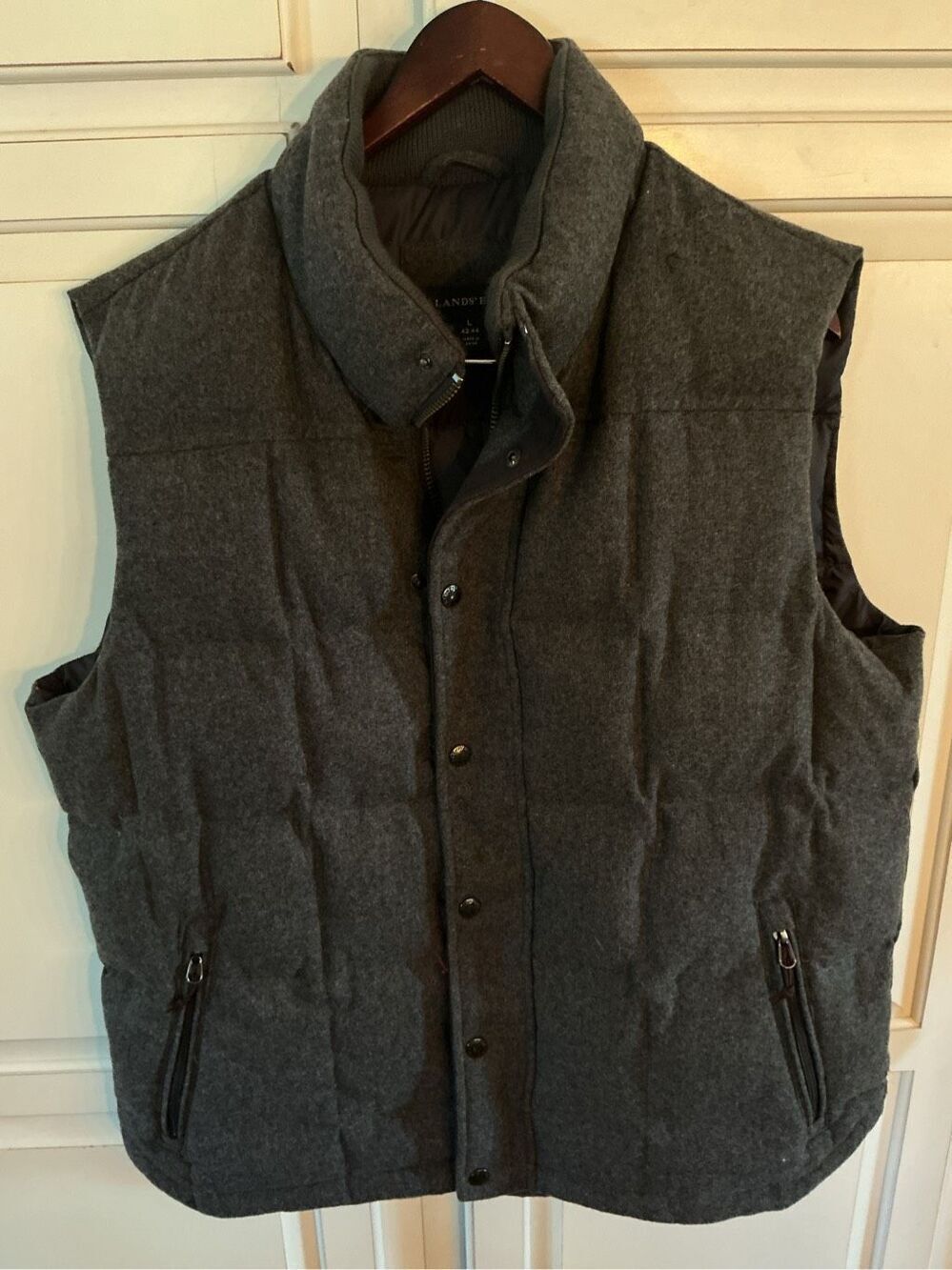 Lands End Mens Gray Wool Down  Blend Puffer Vest Sz L